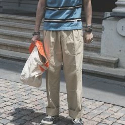 Non Stock BEST SELLERS 1930s IVY Style Double Pleated Chino Trousers - Khaki