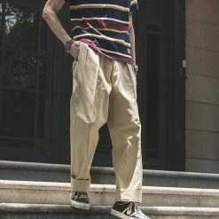 Non Stock BEST SELLERS 1930s IVY Style Double Pleated Chino Trousers - Khaki