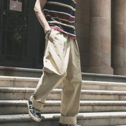 Non Stock BEST SELLERS 1930s IVY Style Double Pleated Chino Trousers - Khaki