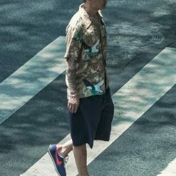 Non Stock Ukiyo-e Tiger & Crane Pattern Aloha Shirt - Khaiki