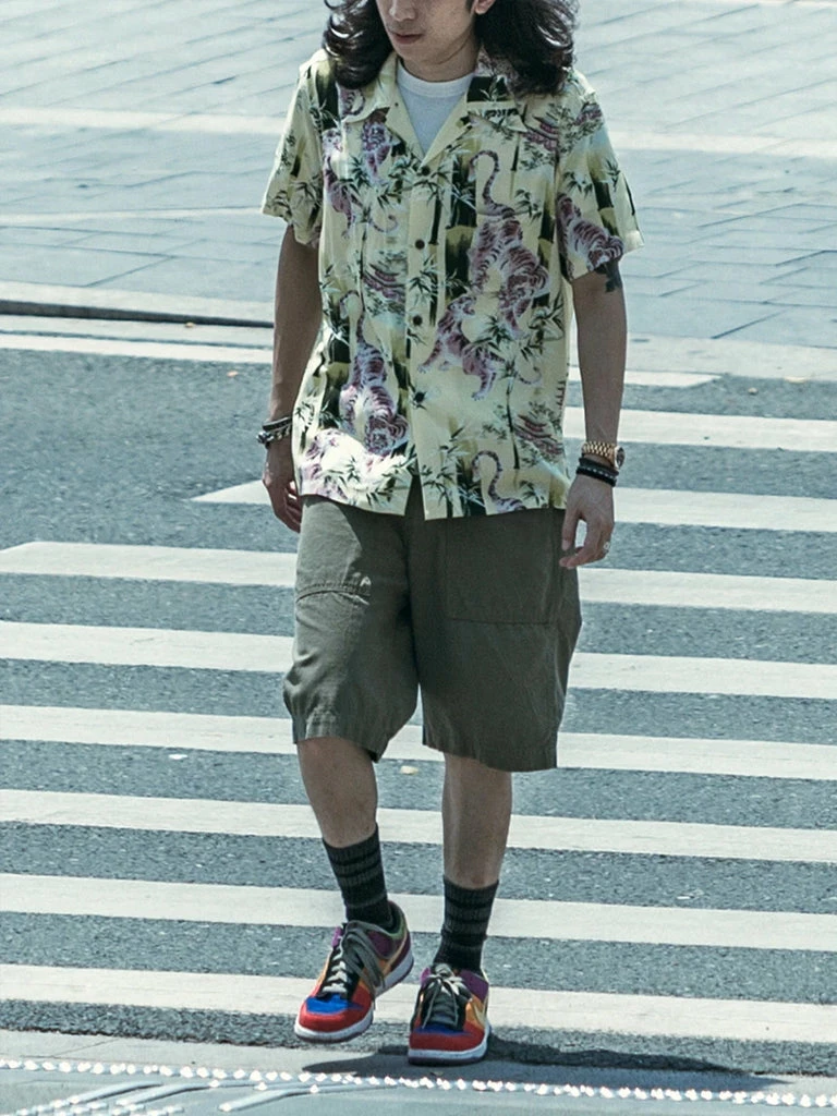 Non Stock Ukiyo-e Tiger & Bamboo Pattern Aloha Shirt - Light Green TOPS 13 Non Stock Ukiyo-e Tiger & Bamboo Pattern Aloha Shirt - Light Green TOPS