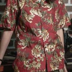 Bronson Lot AS08 Ukiyo-e Tiger & Bambo Pattern Aloha Shirt - Wine Red