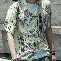 Non Stock Ukiyo-e Tiger & Bamboo Pattern Aloha Shirt - Light Green TOPS 28 Non Stock Ukiyo-e Tiger & Bamboo Pattern Aloha Shirt - Light Green TOPS