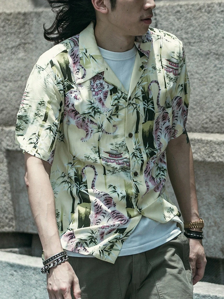 Non Stock Ukiyo-e Tiger & Bamboo Pattern Aloha Shirt - Light Green TOPS 11 Non Stock Ukiyo-e Tiger & Bamboo Pattern Aloha Shirt - Light Green TOPS