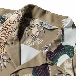 Non Stock Ukiyo-e Tiger & Crane Pattern Aloha Shirt - Khaiki
