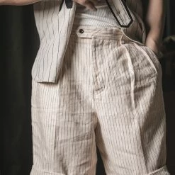 Non Stock Loose Double Pleated Striped 10.5 Oz Linen Shorts
