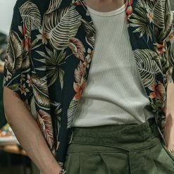 Non Stock Plants & Flowers Pattern Aloha Shirt - Navy