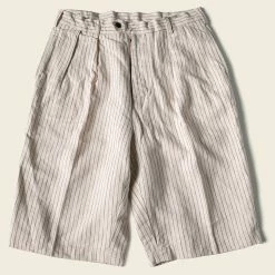 Non Stock Loose Double Pleated Striped 10.5 Oz Linen Shorts