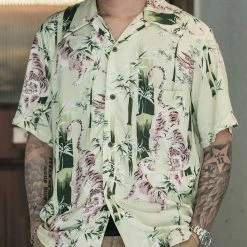 Non Stock Ukiyo-e Tiger & Bamboo Pattern Aloha Shirt - Light Green TOPS 22 Non Stock Ukiyo-e Tiger & Bamboo Pattern Aloha Shirt - Light Green TOPS