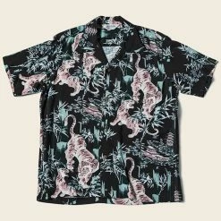 Non Stock Ukiyo-e Tiger & Bamboo Pattern Aloha Shirt - Black