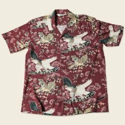 Non Stock Ukiyo-e Tiger & Crane Pattern Aloha Shirt - Wine Red TOPS