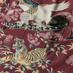 Non Stock Ukiyo-e Tiger & Crane Pattern Aloha Shirt - Wine Red TOPS
