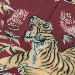 Non Stock Ukiyo-e Tiger & Crane Pattern Aloha Shirt - Wine Red TOPS