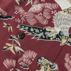 Non Stock Ukiyo-e Tiger & Crane Pattern Aloha Shirt - Wine Red TOPS