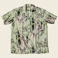 Non Stock Ukiyo-e Tiger & Bamboo Pattern Aloha Shirt - Light Green TOPS