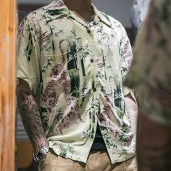 Non Stock Ukiyo-e Tiger & Bamboo Pattern Aloha Shirt - Light Green TOPS 23 Non Stock Ukiyo-e Tiger & Bamboo Pattern Aloha Shirt - Light Green TOPS