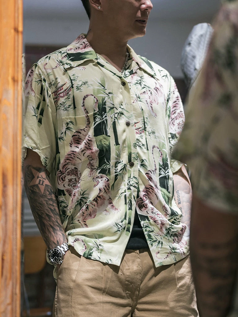 Non Stock Ukiyo-e Tiger & Bamboo Pattern Aloha Shirt - Light Green TOPS 6 Non Stock Ukiyo-e Tiger & Bamboo Pattern Aloha Shirt - Light Green TOPS