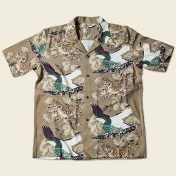 Non Stock Ukiyo-e Tiger & Crane Pattern Aloha Shirt - Khaiki