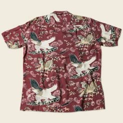 Non Stock Ukiyo-e Tiger & Crane Pattern Aloha Shirt - Wine Red TOPS