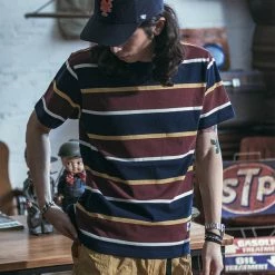 Non Stock 9.8 Oz IVY Style Striped T-Shirt - Burgundy Red/Navy TOPS