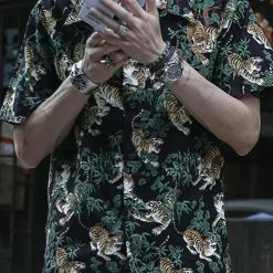 Bronson Lot AS08 Ukiyo-e Tiger & Bambo Pattern Aloha Shirt - Black Back In Stock