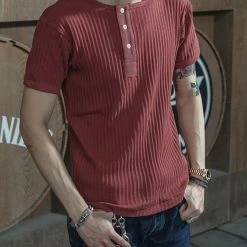 Bronson 11 Oz Vintage Ribbed Cotton Henley T-Shirt - Wine Red NEW ARRIVALS