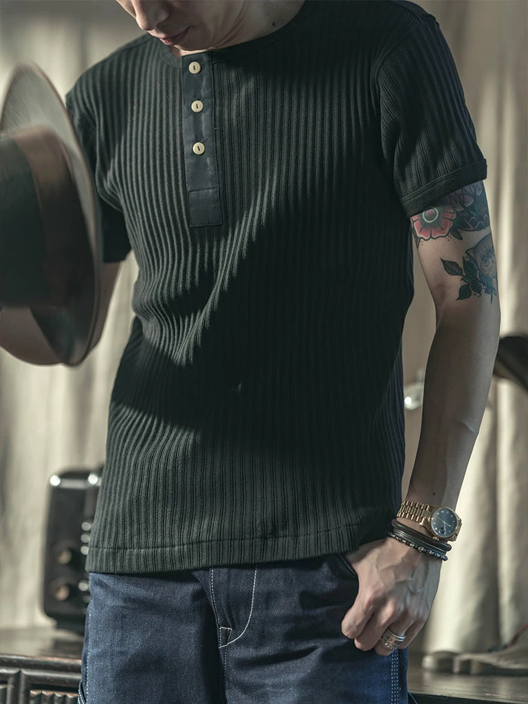 Bronson 11 Oz Vintage Ribbed Cotton Henley T-Shirt - Black 6 Bronson 11 Oz Vintage Ribbed Cotton Henley T-Shirt - Black