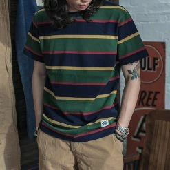 Non Stock TOPS 9.8 Oz IVY Style Striped T-Shirt - Navy/Green