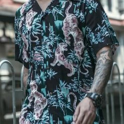 Non Stock Ukiyo-e Tiger & Bamboo Pattern Aloha Shirt - Black