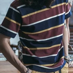 Non Stock 9.8 Oz IVY Style Striped T-Shirt - Burgundy Red/Navy TOPS