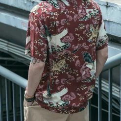 Non Stock Ukiyo-e Tiger & Crane Pattern Aloha Shirt - Wine Red TOPS