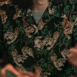 Bronson Lot AS08 Ukiyo-e Tiger & Bambo Pattern Aloha Shirt - Black Back In Stock