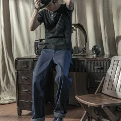 Bronson 11 Oz Vintage Ribbed Cotton Henley T-Shirt - Black 17 Bronson 11 Oz Vintage Ribbed Cotton Henley T-Shirt - Black