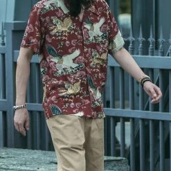 Non Stock Ukiyo-e Tiger & Crane Pattern Aloha Shirt - Wine Red TOPS