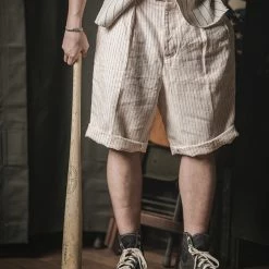 Non Stock Loose Double Pleated Striped 10.5 Oz Linen Shorts