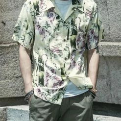 Non Stock Ukiyo-e Tiger & Bamboo Pattern Aloha Shirt - Light Green TOPS 27 Non Stock Ukiyo-e Tiger & Bamboo Pattern Aloha Shirt - Light Green TOPS