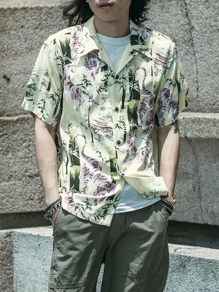 Non Stock Ukiyo-e Tiger & Bamboo Pattern Aloha Shirt - Light Green TOPS 10 Non Stock Ukiyo-e Tiger & Bamboo Pattern Aloha Shirt - Light Green TOPS