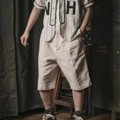 Non Stock Loose Double Pleated Striped 10.5 Oz Linen Shorts