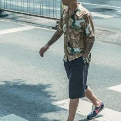 Non Stock Ukiyo-e Tiger & Crane Pattern Aloha Shirt - Khaiki