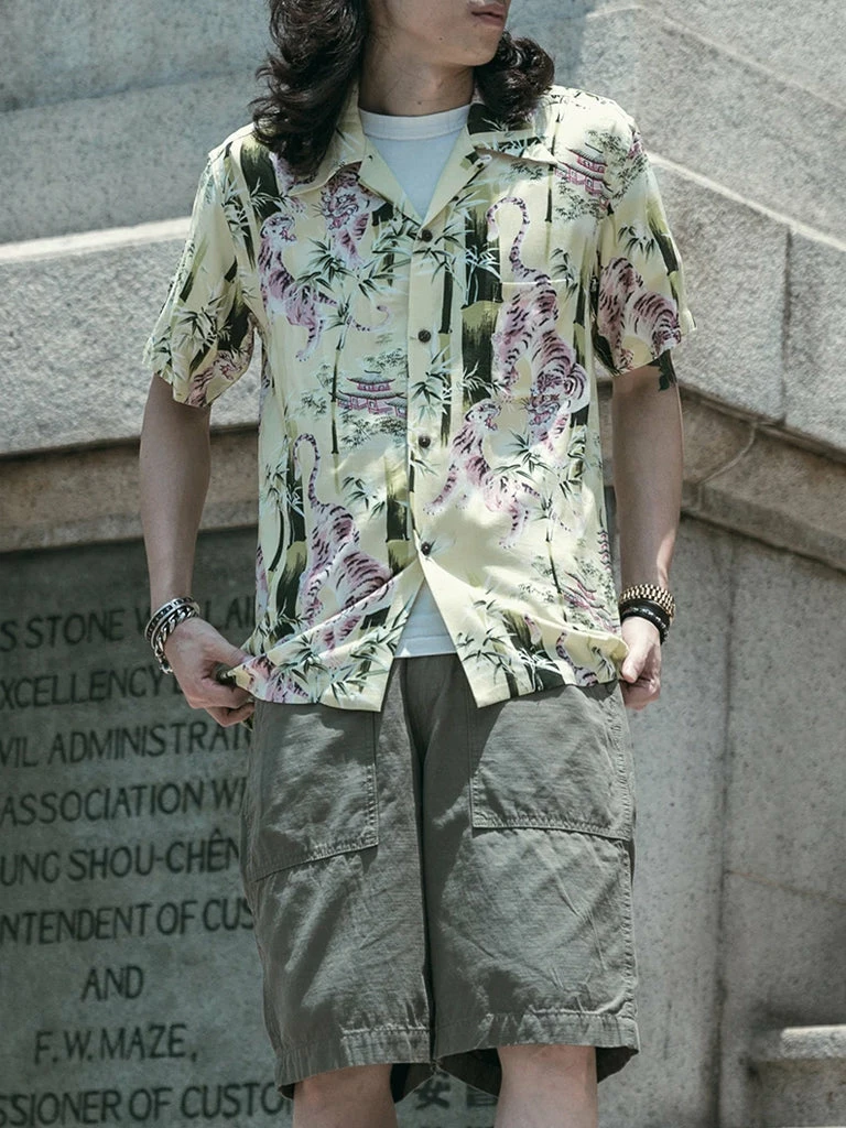 Non Stock Ukiyo-e Tiger & Bamboo Pattern Aloha Shirt - Light Green TOPS 12 Non Stock Ukiyo-e Tiger & Bamboo Pattern Aloha Shirt - Light Green TOPS