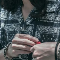 Non Stock Paisley Print Seersucker Open Collar Shirt - Navy